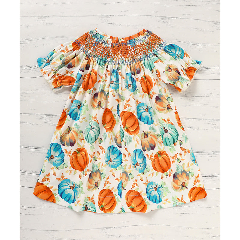 Toddler Girl Pumpkin Smocked Dress - Fall Party Outfit