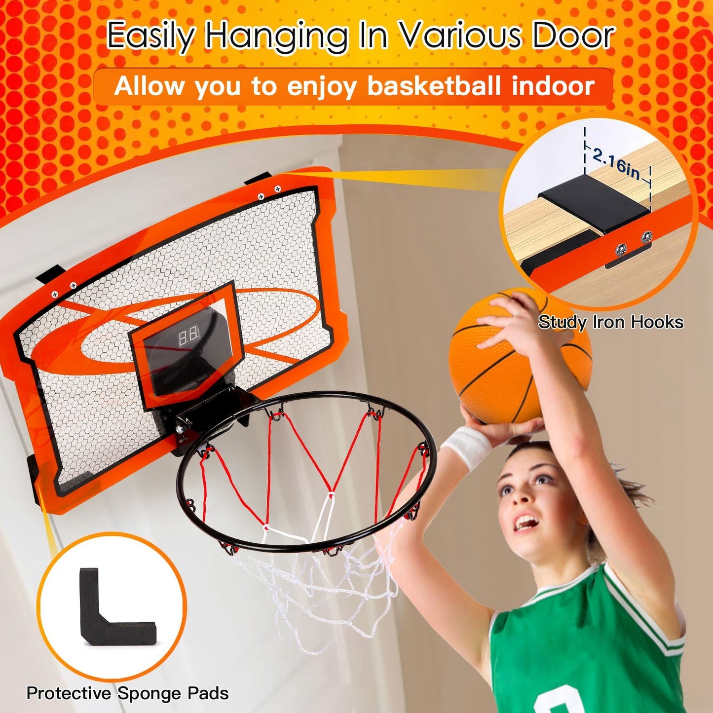 Mini Basketball Hoop Set - Indoor Door Mount with 4 Balls & Electronic Scorer for Kids