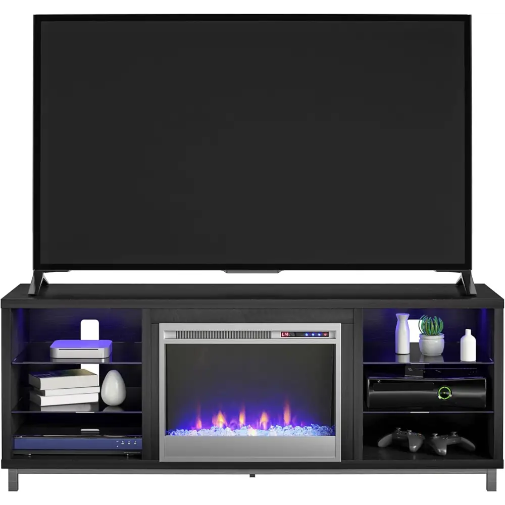 Black electric fireplace media console with shelves and gaming accessories for Ameriwood Home Lumina Fireplace TV Stand White