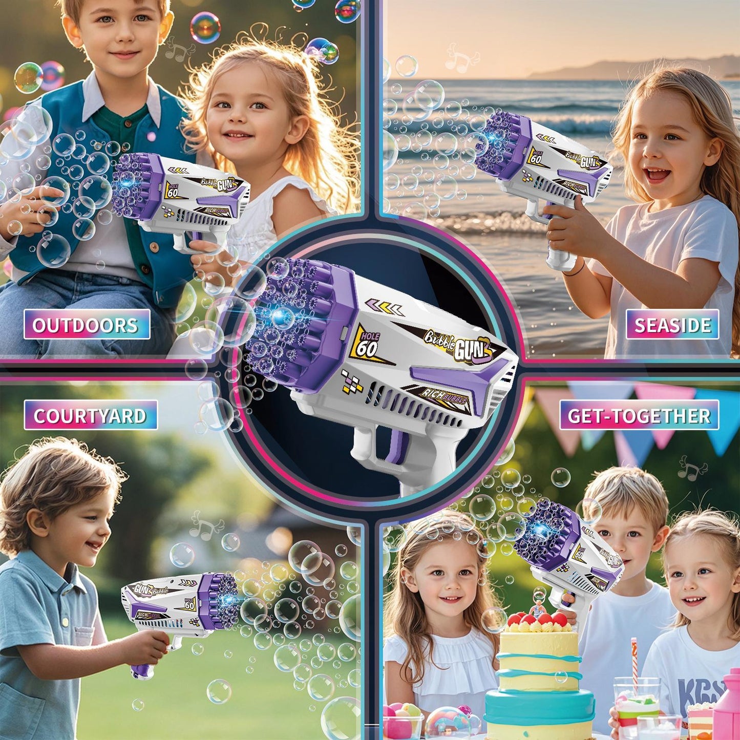 Electric Bubble Gun - Outdoor Party Toy with LED Lights & Sound for Kids Ages 3+ | Automatic Bubble Machine for Summer Fun