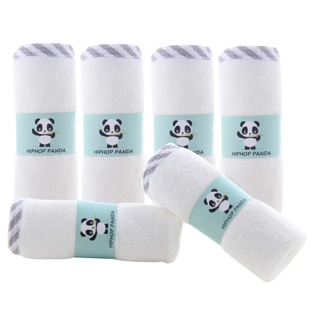 White bamboo towel with panda design and gray stripes from Hiphop Panda brand