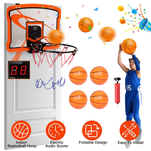 Mini Basketball Hoop Set - Indoor Door Mount with 4 Balls & Electronic Scorer for Kids