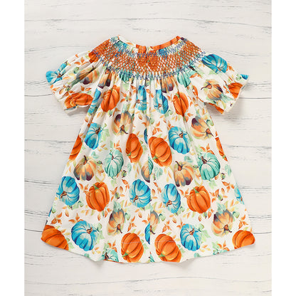 Toddler Girl Pumpkin Smocked Dress - Fall Party Outfit