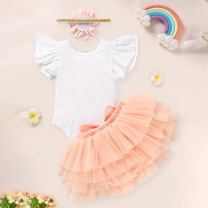 Baby Girl Coming Home Outfit - 3-Piece Romper Tutu Skirt Headband Set for Newborn