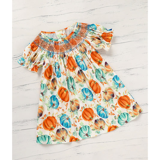 Toddler Girl Pumpkin Smocked Dress - Fall Party Outfit
