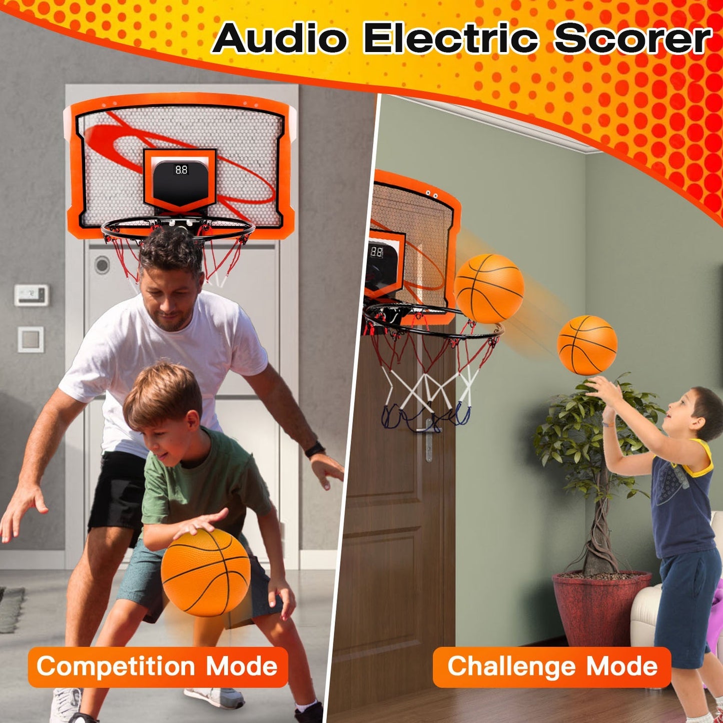 Mini Basketball Hoop Set - Indoor Door Mount with 4 Balls & Electronic Scorer for Kids