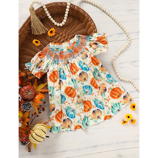 Toddler Girl Pumpkin Smocked Dress - Fall Party Outfit