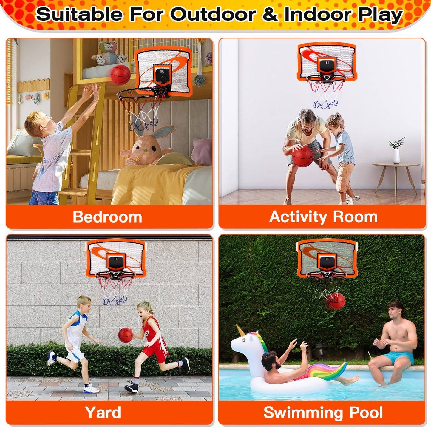 Mini Basketball Hoop Set - Indoor Door Mount with 4 Balls & Electronic Scorer for Kids