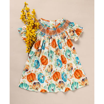 Toddler Girl Pumpkin Smocked Dress - Fall Party Outfit