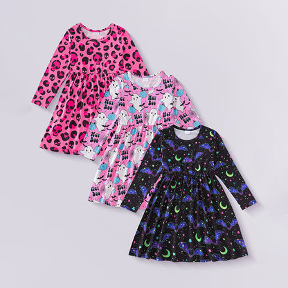 Toddler Halloween A-Line Dress Set (3 Pack) - Ghost Skull Bat Print Collection for Girls 4-7Y