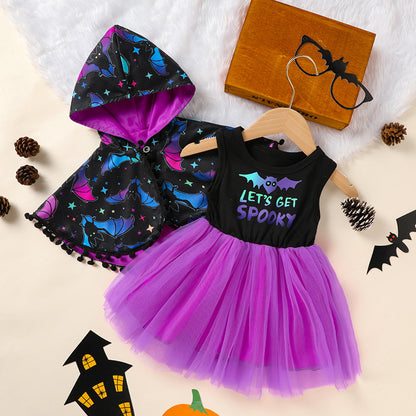 Girls Halloween Dress & Cloak Set - 2PC Tulle Outfit