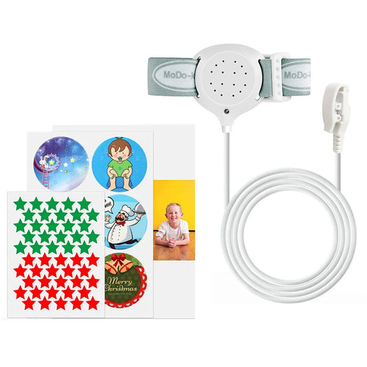 White MoDo-king bedwetting alarm device with clip and moisture sensor cable for nighttime potty training