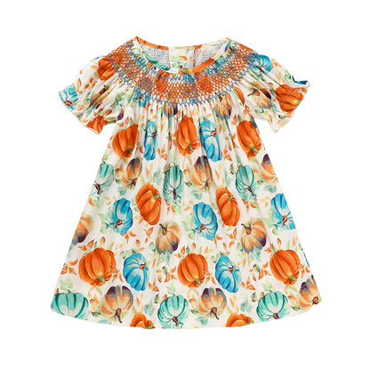 Toddler Girl Pumpkin Smocked Dress - Fall Party Outfit