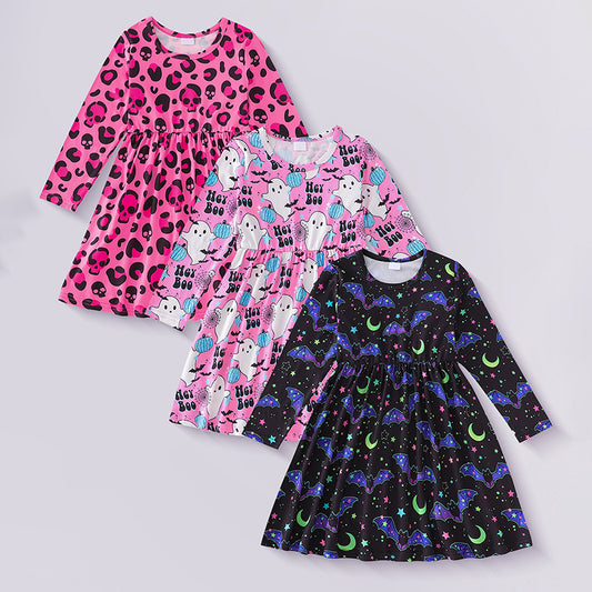 Toddler Halloween A-Line Dress Set (3 Pack) - Ghost Skull Bat Print Collection for Girls 4-7Y