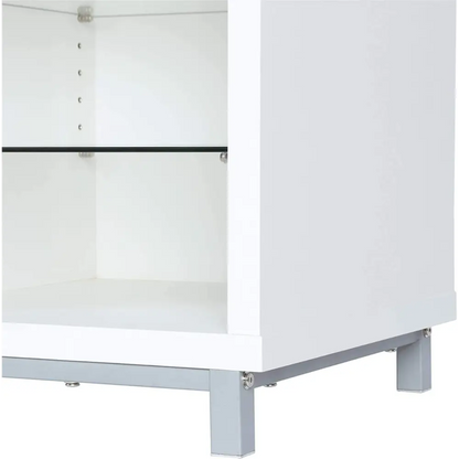 White glossy Ameriwood Home Lumina Fireplace TV Stand with open shelves and metal legs