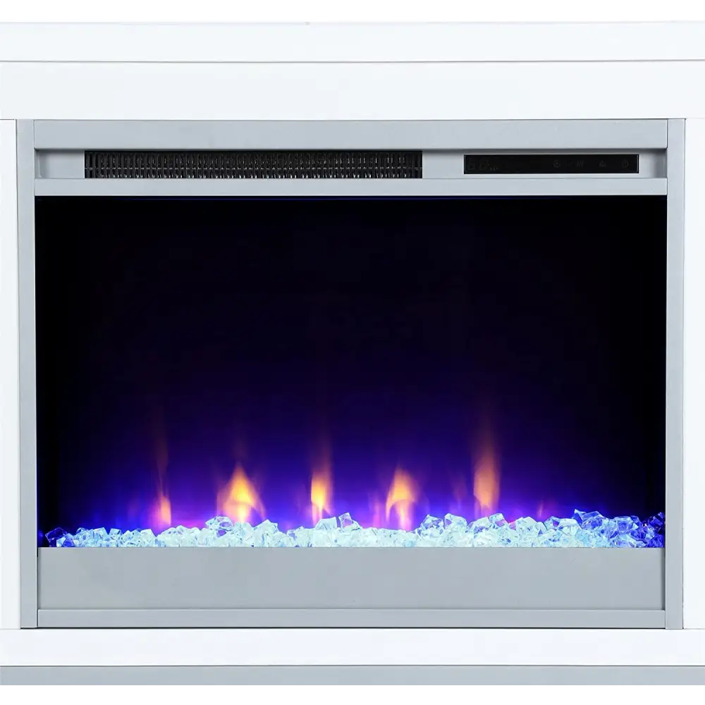 Electric fireplace with purple flames and silver frame in Ameriwood Home Lumina TV Stand