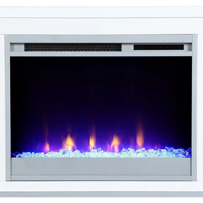 Electric fireplace with purple flames and silver frame in Ameriwood Home Lumina TV Stand