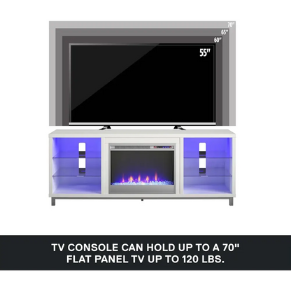 Ameriwood Home Lumina Fireplace TV Stand in white with 70-inch flat panel TV console and LED lighting