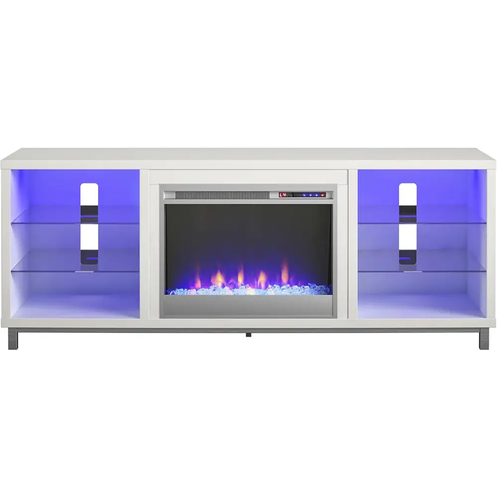 Modern white electric fireplace with blue LED lights and glass shelves in Ameriwood Home Lumina Fireplace TV Stand White