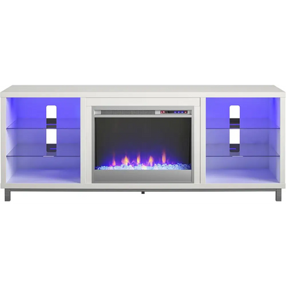Modern white electric fireplace with blue LED lights and glass shelves in Ameriwood Home Lumina Fireplace TV Stand White
