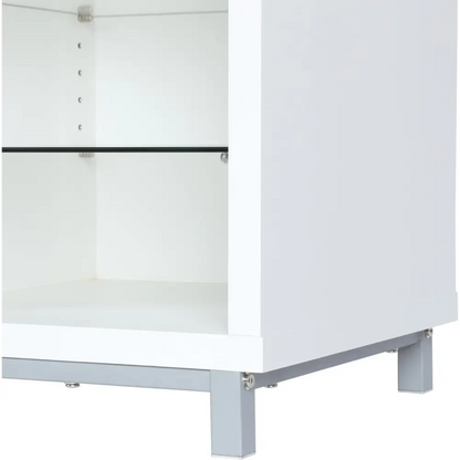 White glossy Ameriwood Home Lumina Fireplace TV Stand with metal legs and glass shelves