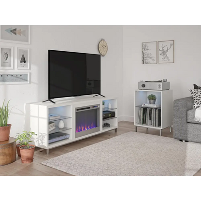 White modern electric fireplace media console with glass shelves and LED lighting