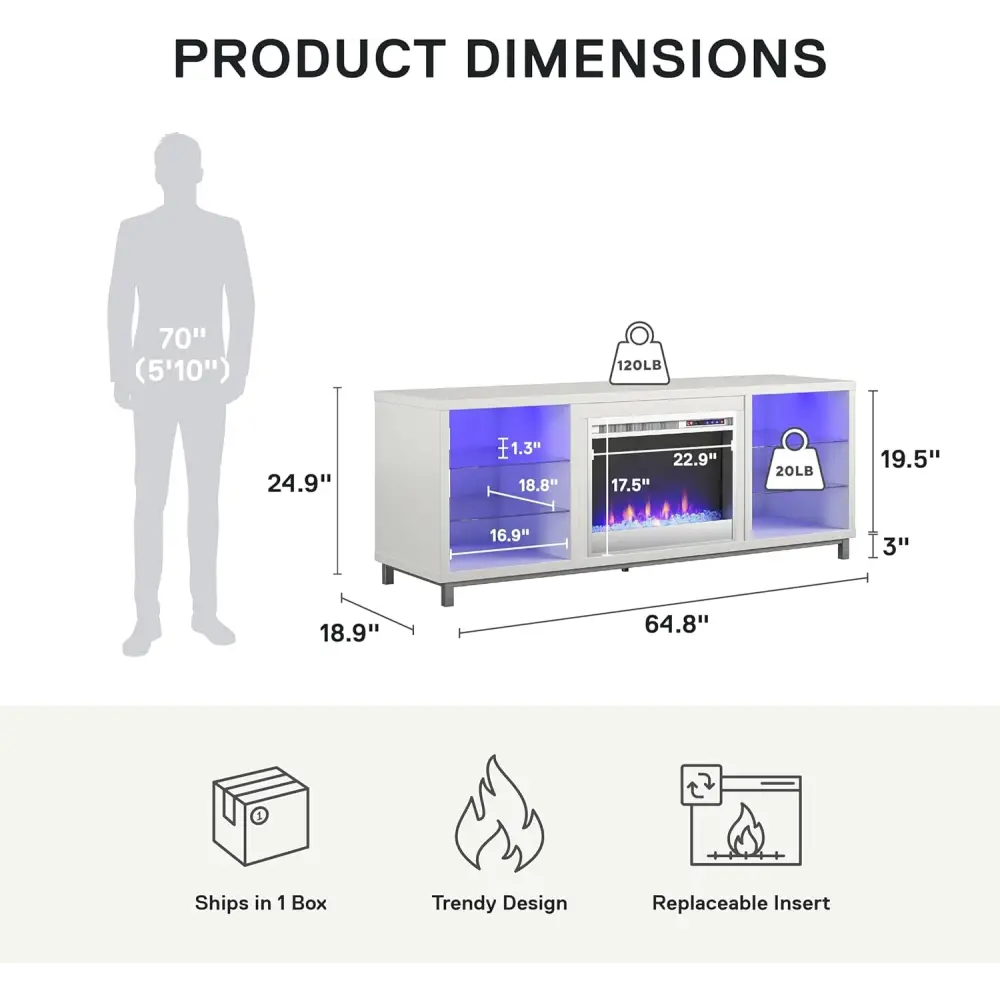 Modern white electric fireplace with glass front and replaceable insert in Ameriwood Home Lumina TV Stand