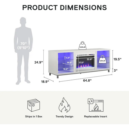 Modern white electric fireplace with glass front and replaceable insert in Ameriwood Home Lumina TV Stand