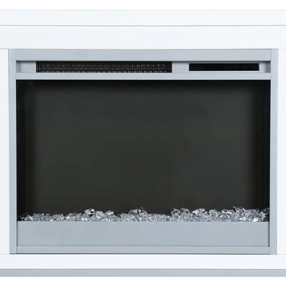 Silver electric fireplace with black glass front and decorative metallic logs in Ameriwood Home Lumina TV Stand