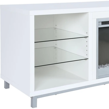 White modern glass front entertainment center with chrome legs and built-in fireplace