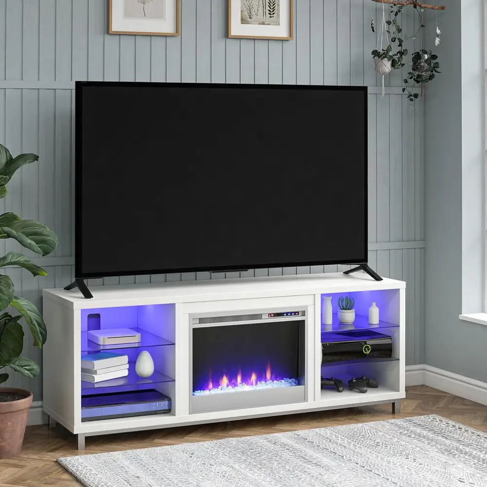 White modern electric fireplace TV stand with LED lighting and glass doors in Ameriwood Home Lumina