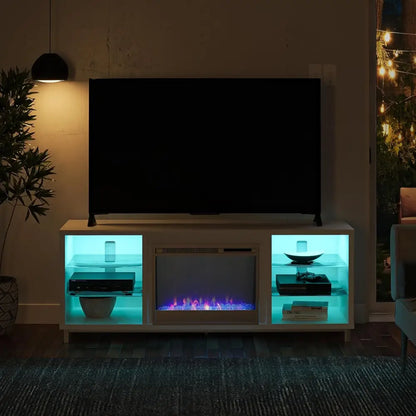 Modern white Ameriwood Home Lumina Fireplace TV Stand with built-in electric fireplace and LED lighting