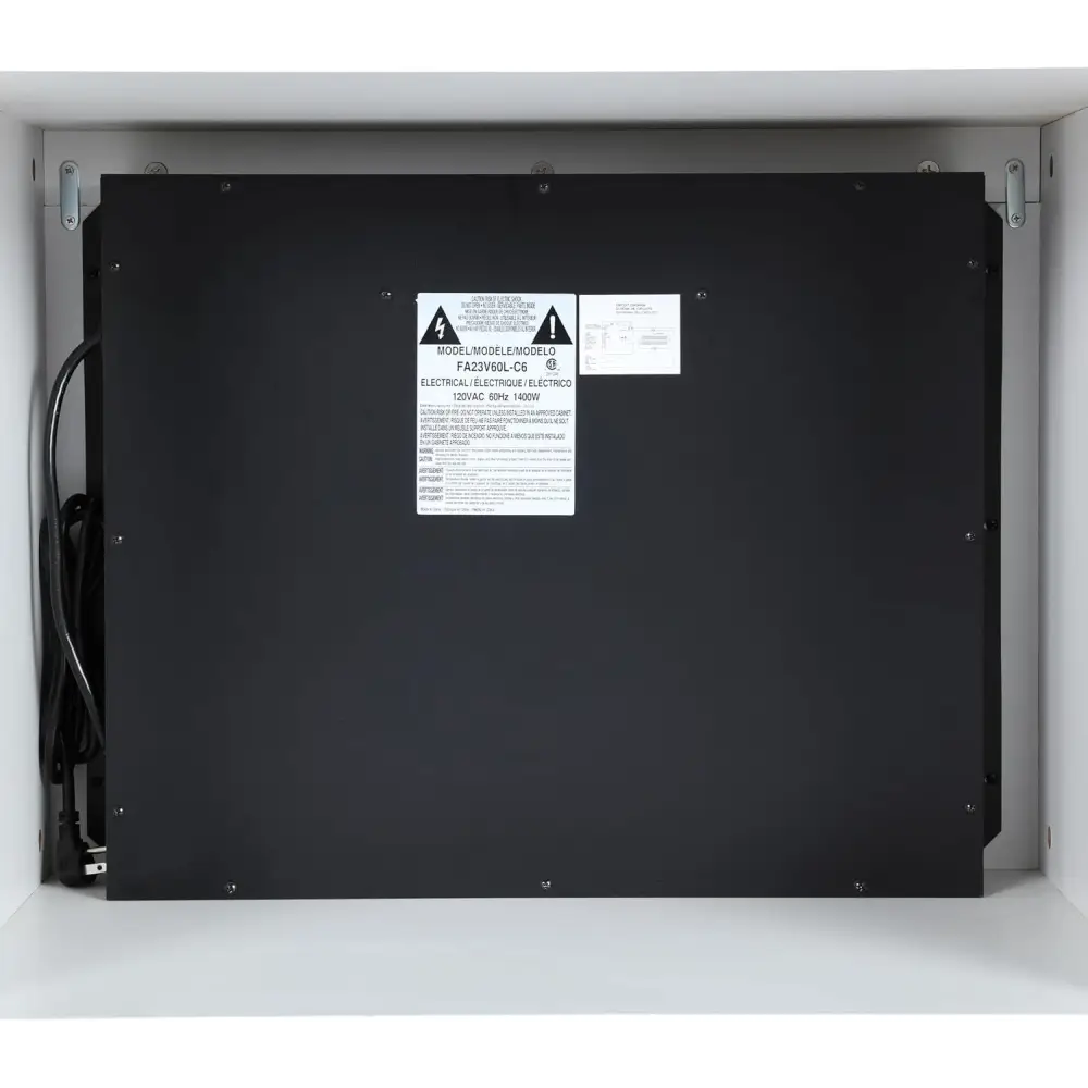 Black rectangular electronic device with warning label and power cord on Ameriwood Home Lumina Fireplace TV Stand White