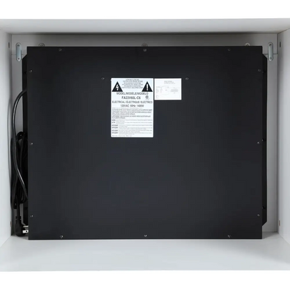 Black rectangular electronic device with warning label and power cord on Ameriwood Home Lumina Fireplace TV Stand White