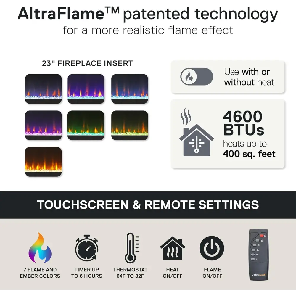 Ameriwood Home Lumina Fireplace TV Stand with 23-inch Altraflame fireplace insert featuring customizable flame and ember colors and touchscreen remote control