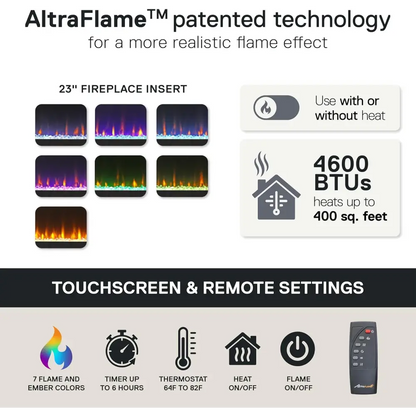 Ameriwood Home Lumina Fireplace TV Stand with 23-inch Altraflame fireplace insert featuring customizable flame and ember colors and touchscreen remote control
