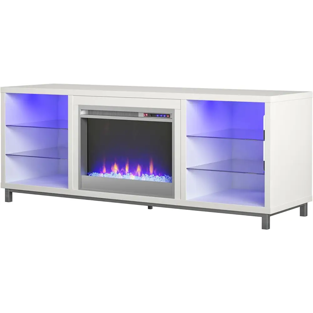 White Ameriwood Home Lumina Fireplace TV Stand with glass shelves and LED lighting