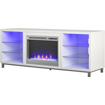 White Ameriwood Home Lumina Fireplace TV Stand with glass shelves and LED lighting