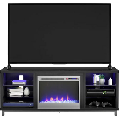 Black electric fireplace media console with shelves and gaming accessories for Ameriwood Home Lumina Fireplace TV Stand White
