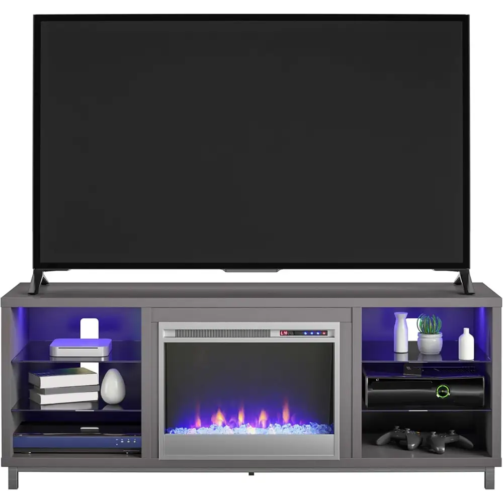 Modern Ameriwood Home Lumina Fireplace TV Stand with LED lighting and open shelving