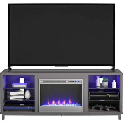 Modern Ameriwood Home Lumina Fireplace TV Stand with LED lighting and open shelving