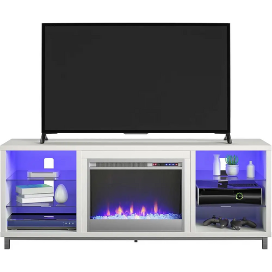 White modern electric fireplace media console with blue LED lighting and glass shelves