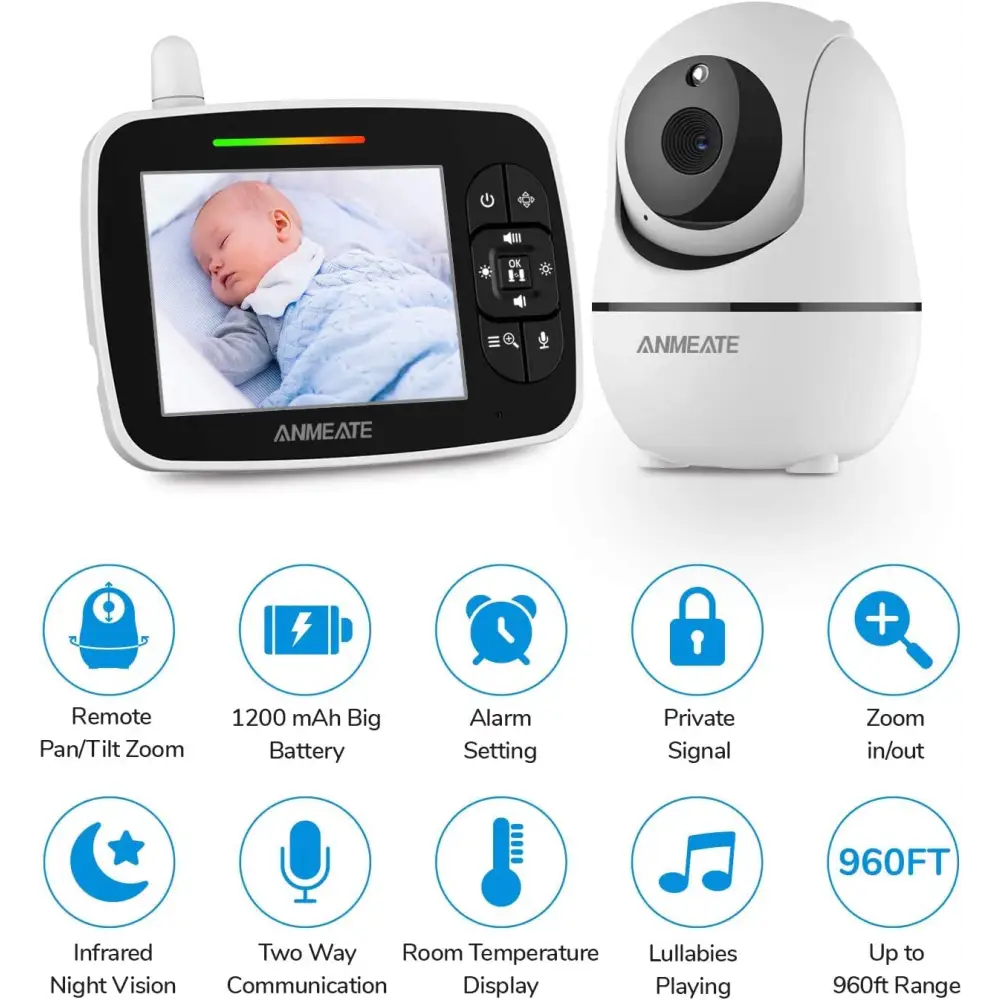 White Anmeate Pan Tilt Zoom Baby Monitor with 3.5-inch screen and night vision