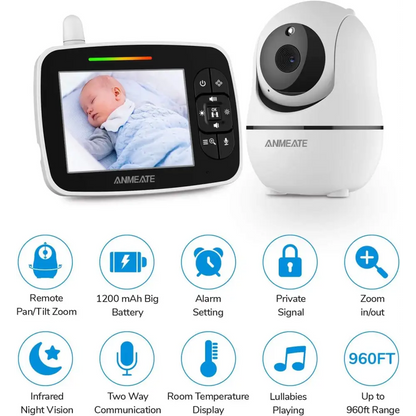 White Anmeate Pan Tilt Zoom Baby Monitor with 3.5-inch screen and night vision
