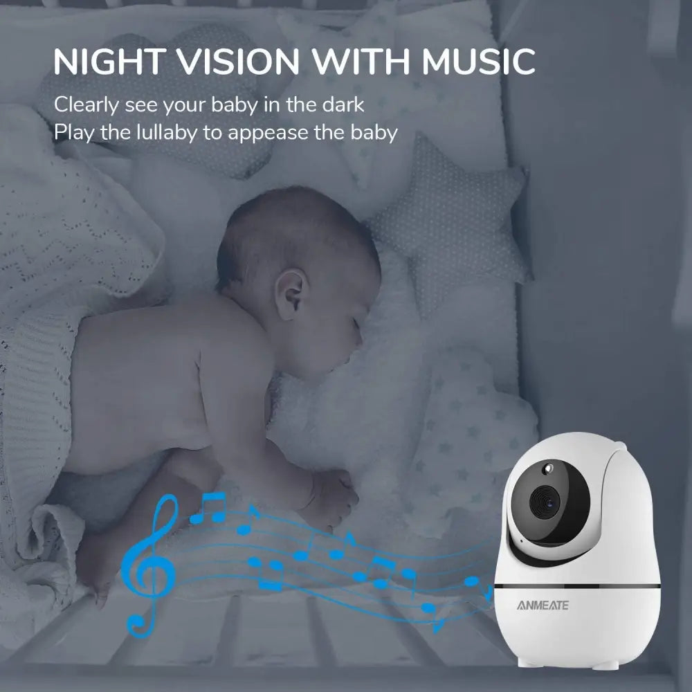 White Anmeate Pan Tilt Zoom Baby Monitor with Night Vision and Music Feature