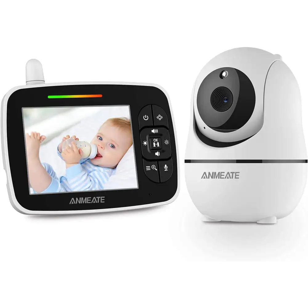 Anmeate Pan Tilt Zoom Baby Monitor with 3.5 inch screen showing live video of a baby drinking from a bottle