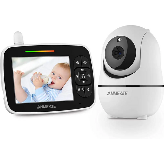 Anmeate Pan Tilt Zoom Baby Monitor with 3.5 inch screen showing live video of a baby drinking from a bottle