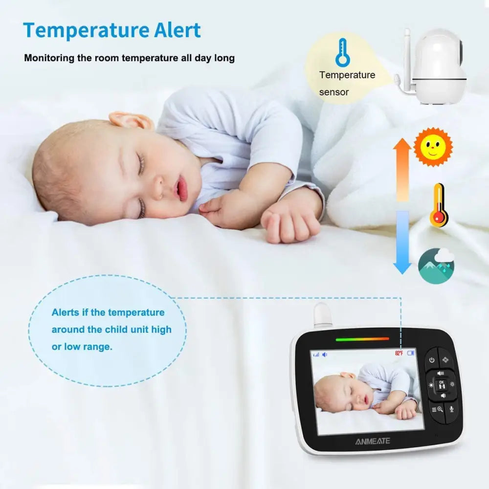 Anmeate Pan Tilt Zoom Baby Monitor with temperature alert and 3.5-inch screen in black and white