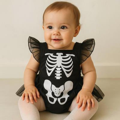 Halloween baby girl skull dress USA - Black cotton gothic toddler jumpsuit with skeleton pattern for trick or treating