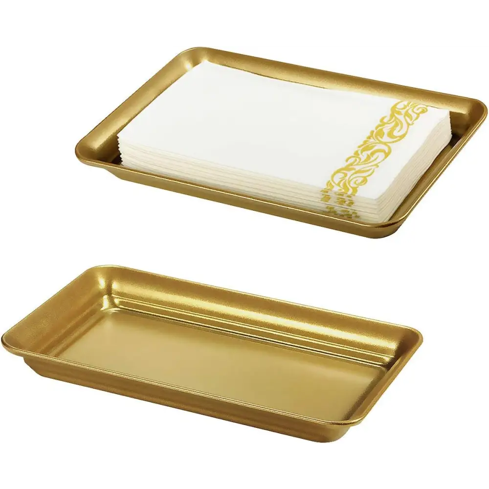 Gold ornate tray with napkins from Brown and Gold Vanity Trays with Glass Organizers
